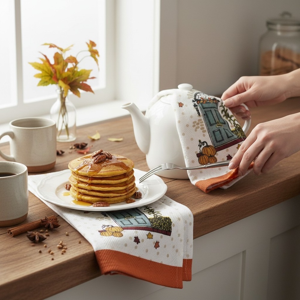 Envogue Kitchen Towel Set of 2 Unisex OS White Orange New Hello Fall Pumpkin